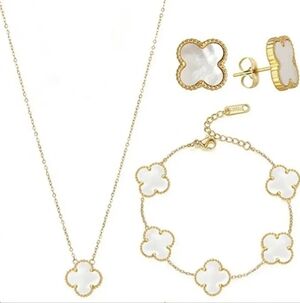 18K Gold Plated White Alhambra  Clover Earrings Bracelet & Necklace Set